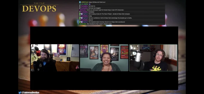 Tabletop DevOps Twitch screenshot with Aaron, Aisha, and David introducing themselves