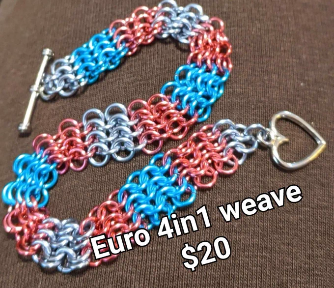 Chainmail bracelet in trans pride flag colors. Euro 4in1 weave with heart clasp.