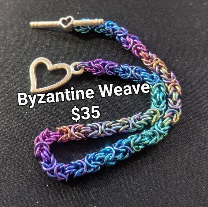 Chainmail Ombre rainbow bracelet with heart clasp. Byzantine weave $35
