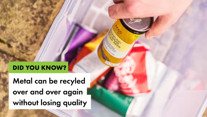 The image shows a metal can being placed in a box with other cans above a caption which reads "did you know, metal can be recycled over and over without losing quality".