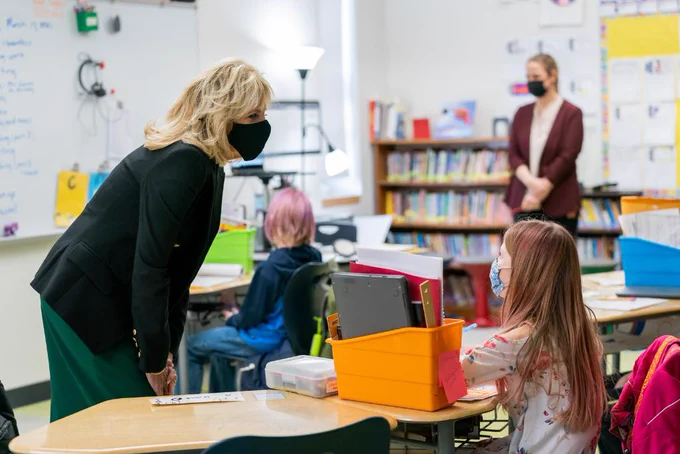 First Lady Jill Biden visits a school classroom