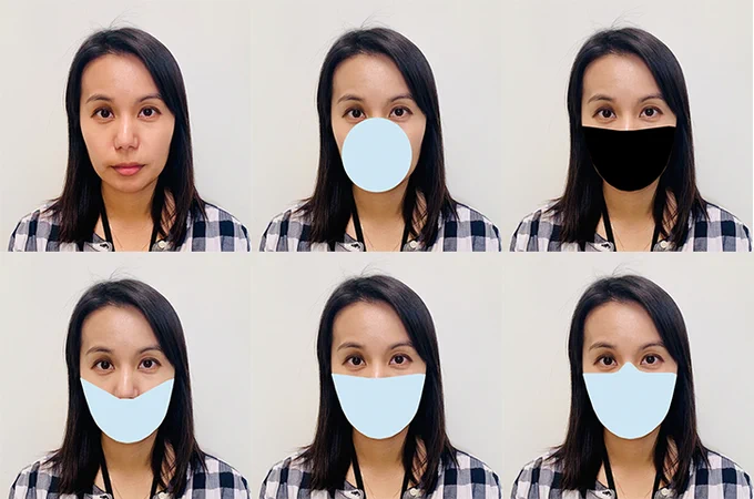 Multiple photos of the same woman with a face mask shape digitally added on top.