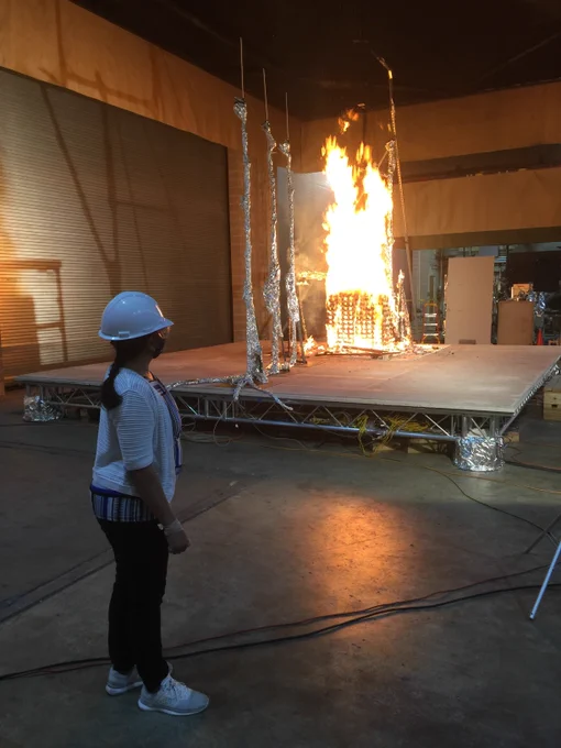 Woman stands next to object on fire in a lab.