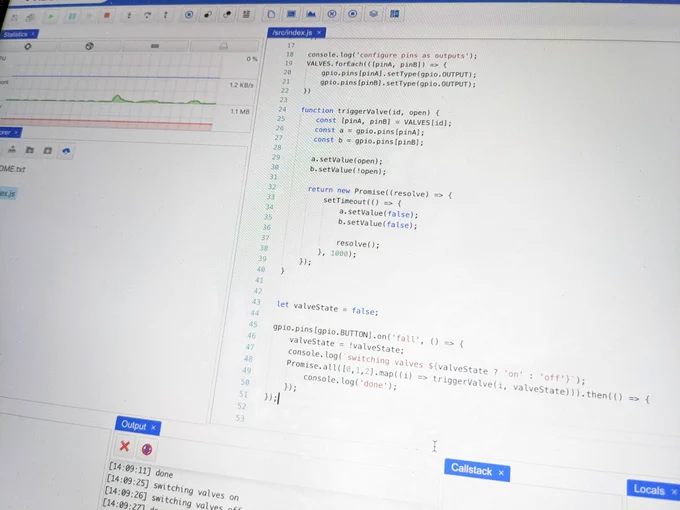 Screenshot showing the j's code running on the microcontroller