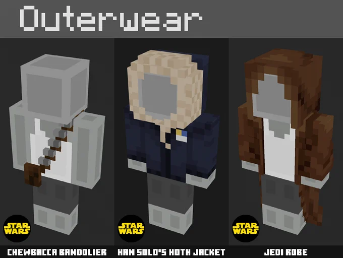 Under the title Outerwear is a Chewbacca  Bandolier, Han Solo's Hoth jacket and a Jedi Robe