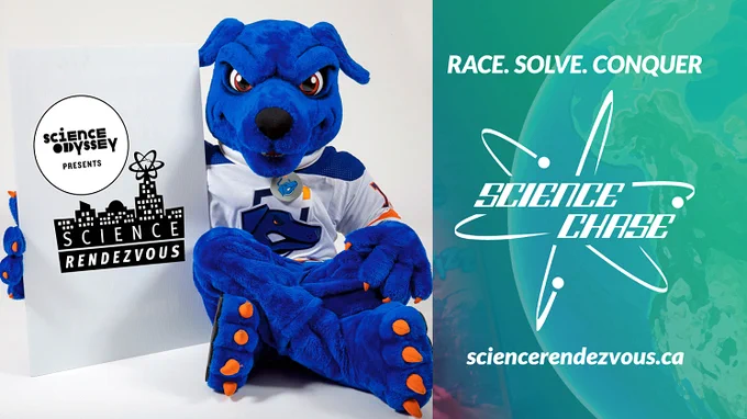 promotional graphic for Science Rendezvous event including hunter the ridgeback holding a sign with the science rendezvous logo and the url sciencerendezvous.ca