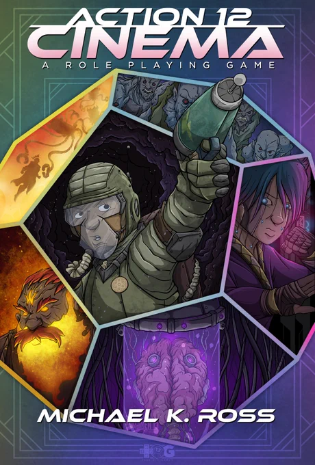 Cover image of the Action 12 Cinema game (in development).  Images on a D12 with each face a different action movie like image. Center is space man with space gun extended through the frame.  Top left super hero image.  Below fantasy giant with wire.  Bottom is brain in a jar.  Right is martial artists. Top right horde of vampires rushing.