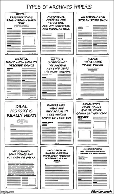 cartoon of academic papers with satirical headlines about archives. these read: DIPLOMATICS: never gonna give up, never gonna let you down, no, your closet is not the archive.
just stop using the word archive, AN INCREDIBLY USEFUL AND THOUGHTFUL CASE STUDY PUBLISHED IN A SMALL JOURNAL, audiovisual archives are terrifying
and a/v archivists are metal as hell
PLEASE PAY US LIVING WAGES, PLEASE
we should give stolen stuff back
we still don't know how to describe things
finding aids: 
what are they actually? does anyone know? lets find out
oral history is really neat!
digital preservation is REALLY really hard
we scanned some things and put them on omeka
racist paper by random white man 'inexplicably' published in leading journal