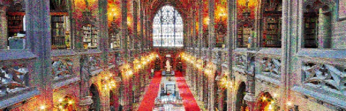 Rendering of the John Rylands Research Institute and Library Historic Reading Room using 21,600 thumbnail images of our books