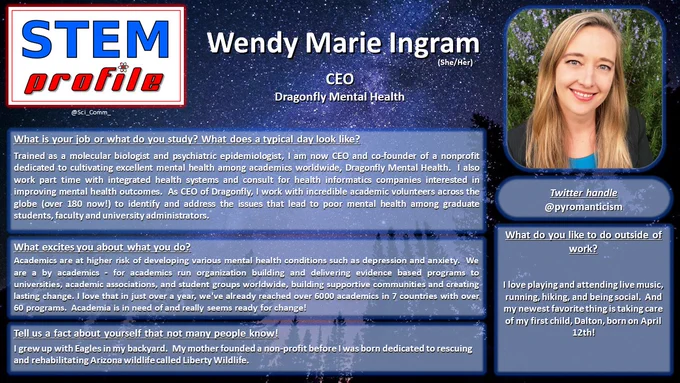 What is your job or what do you study? What does a typical day look like?

Trained as a molecular biologist and psychiatric epidemiologist, I am now CEO and co-founder of a nonprofit dedicated to cultivating excellent mental health among academics worldwide, Dragonfly Mental Health.  I also work part time with integrated health systems and consult for health informatics companies interested in improving mental health outcomes.  As CEO of Dragonfly, I work with incredible academic volunteers across the globe (over 180 now!) to identify and address the issues that lead to poor mental health among graduate students, faculty and university administrators. 

What excites you about what you do?

Academics are at higher risk of developing various mental health conditions such as depression and anxiety.  We are a by academics - for academics run organization building and delivering evidence based programs to universities, academic associations, and student groups worldwide

