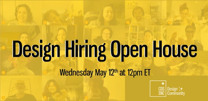 Design team photo with the headline: Design Hiring Open House on Wednesday May 12th at 12pm ET.
