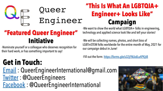 QE Visibility Campaigns and Contact Information. The top left of the flyer consists of the Queer Engineer Logo, a rainbow letter Q and a letter E in the shape of gears. Underneath this is the text "“Featured Queer Engineer” Initiative - Nominate yourself or a colleague who deserves recognition for their hard work, or has something important to say!". To the right of the flyer is the text "“This Is What An LGBTQIA  Engineer  Looks Like” Campaign
-We want to show the world what LGBTQIA  folks in engineering, technology and applied science look like and tell your stories!

-We will be collecting names, photos, and short bios of LGBTinSTEM folks worldwide for the entire month of May, 2021 for our campaign debut in June!

-Fill out the form: https://forms" The bottom left of the flyer says "Get in Touch:Email : QueerEngineerInternational@gmail.comTwitter : @QueerEngineersFacebook : @QueerEngineerInternational". The bottom right has a picture of a "Queer Engineer" graduation cap.