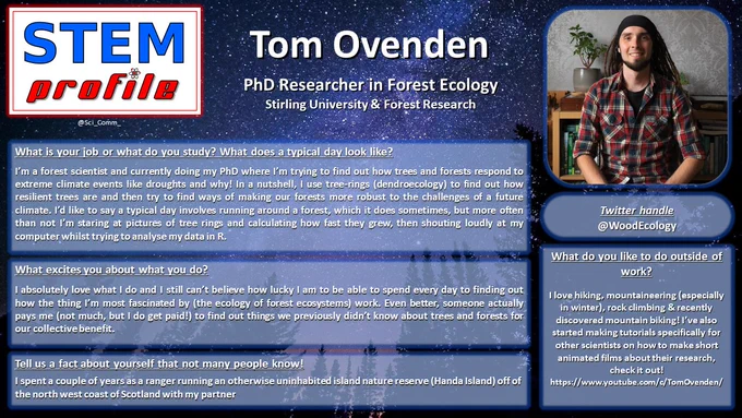 What is your job or what do you study? What does a typical day look like?

I’m a forest scientist and currently doing my PhD where I’m trying to find out how trees and forests respond to extreme climate events like droughts and why! In a nutshell, I use tree-rings (dendroecology) to find out how resilient trees are and then try to find ways of making our forests more robust to the challenges of a future climate. I’d like to say a typical day involves running around a forest, which it does sometimes, but more often than not I’m staring at pictures of tree rings and calculating how fast they grew, then shouting loudly at my computer whilst trying to analyse my data in R.

What excites you about what you do?

I absolutely love what I do and I still can’t believe how lucky I am to be able to spend every day to finding out how the thing I’m most fascinated by (the ecology of forest ecosystems) work. 
