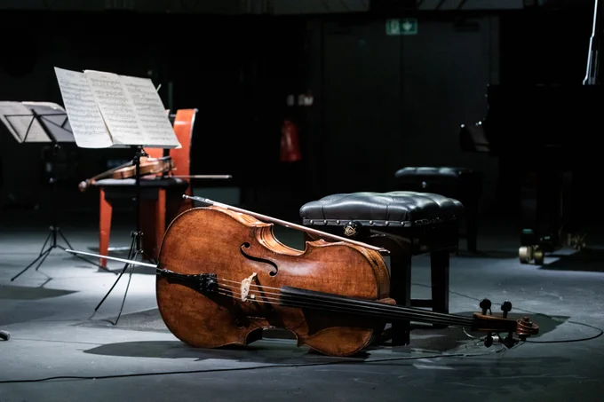 Andy Brown's photograph of a cello during 360 audio and visual capture of Music in the Round's Ensemble 360.