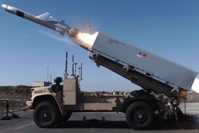 Naval Strike Missile fires from a ground-based launcher. 