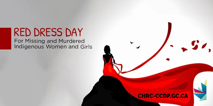 Illustrated abstract image of a woman sitting on a rock, wearing a red dress that is flowing in the breeze and covers the right side of the screen. Text on the left says: Red Dress Day, for Missing and Murdered Indigenous Women and Girls.