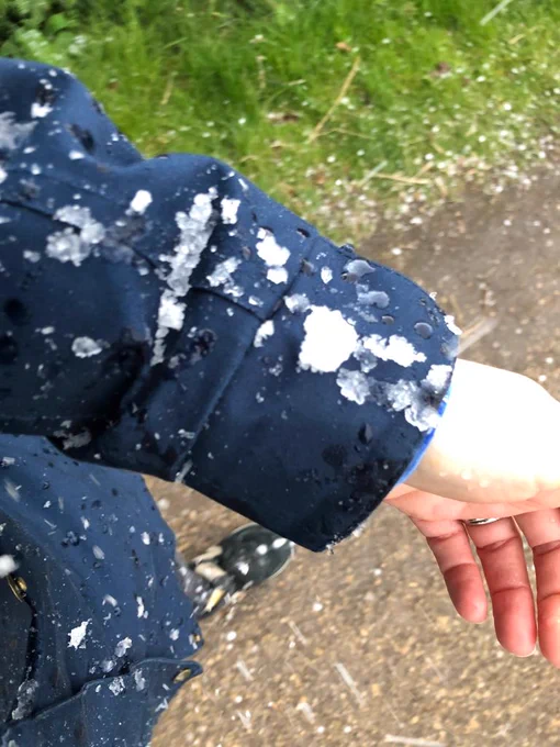 Large chunks of ice on a woman's blue coat. Picture shows her arm.