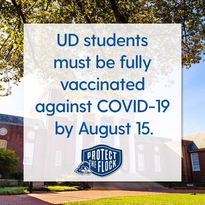 Graphic reading: All UD students must be fully vaccinated against COVID-19 by August 15.