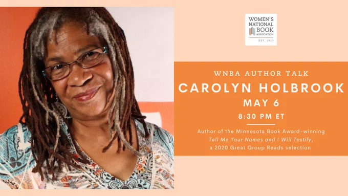 WNBA Author Talk with Carolyn Holbrook, May 6 at 8:30 pm ET. Carolyn is a middle-aged Black woman with graying, medium-length dreads, who is wearing glasses and smiling.