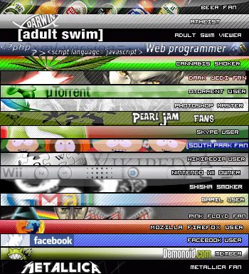 A stack of thin bars, each with a logo and some monospace text, which were pretty commonly used in form post signatures in the 00s. Mine had demonoid and Metallica -‘s Nintendo wii and Pearl jam and others