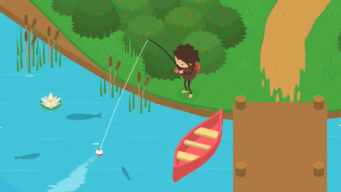 Gameplay screenshot from Sneaky Sasquatch featuring Sasquatch standing near the edge of the water, fishing, while a red paddle boat floats near the dock.
