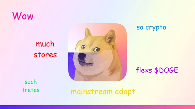 A collage of the Shiba Inu from the "doge" meme superimposed on a Flexa logo over a rainbow gradient background, accompanied by the phrases "Wow," "much stores," "such tretes," "so crypto," "flexs $DOGE," and "mainstream adopt."