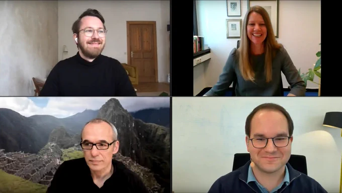 Screenshot des WebTalk, zu sehen sind Frithjof Nagel, Sabine Trepte, Dominik Hermann und Rainer Malaka