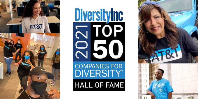 Photo collage of various AT&T Employees with Diversity INC "TOP 50 Companies for Diversity" logo placed in the center.