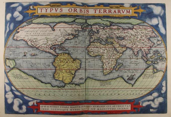 Hand-coloured engraving of the globe spread out to show all the continents as they were known to Europeans in 1570.