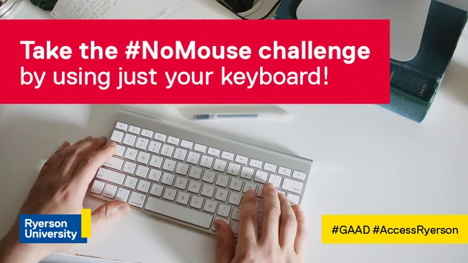 Take the #NoMouse challenge by using just your keyboard! A close-up of someone using a keyboard without a mouse.