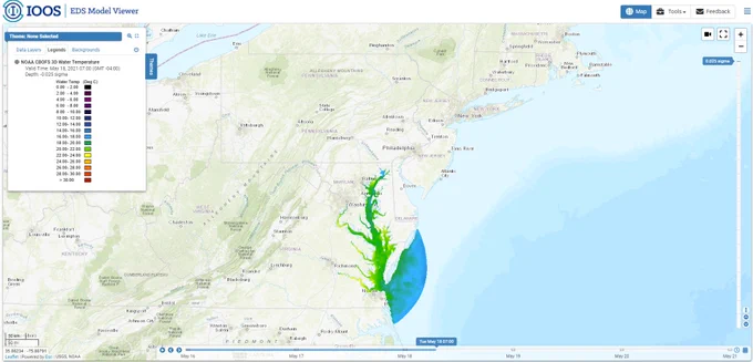 A screenshot of the West Coast Operational Forecast System (WCOFS) Currents taken from the U.S. Integrated Ocean Observing System (IOOSⓇ) Model Viewer.