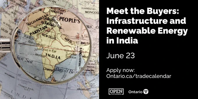 If you want to participate in #infrastructure projects in #India, we have the perfect online event. 

On June 23, Meet the Buyers: Infrastructure and Renewable Energy in India will introduce your business to intel and buyers in the market.

Apply now:

https://www.ontario.ca/tradecalendar/meet-buyers-infrastructure-and-renewable-energy-india?utm_source=twitter&utm_medium=social&utm_campaign=india_infrastructure