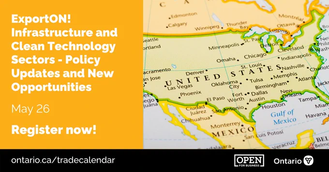 ExportON!

Infrastructure and Clean Technology Sectors - Policy Updates and New Opportunities

May 26

Register Now!

ontario.ca/tradecalendar