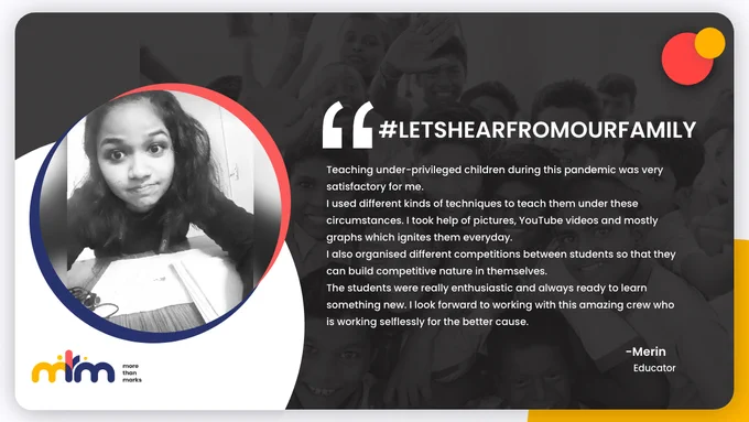one of our educator @MerinJohn16, sharing her experiences at @morethan_marks with us.
#NGO #family 