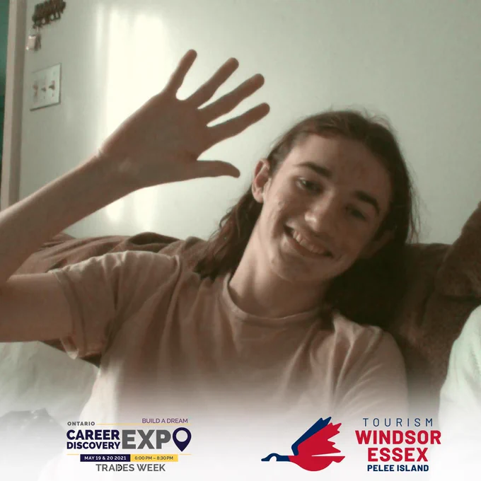 Photo of boy waving to camera. Logos overlaid on image include Career Discovery Expo: Trades Week and Tourism Windsor Essex Pelee Island.
