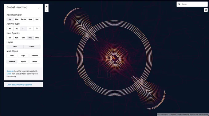 Screenshot of the Strava running heatmap for latitude 0 longitude 0, sometimes referred to as Null Island, showing concentric circles and other geometric patterns caused by GPS error.