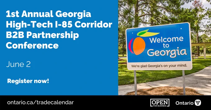 Here's another ExportON! webinar based on expanding your business in the U.S.!

On June 2 the 1st Annual Georgia High-Tech I-85 Corridor B2B Partnership Conference will allow you to network and pitch executives in Georgia’s #autoIT sector.

Register now:

https://www.ontario.ca/tradecalendar/exporton-1st-annual-georgia-high-tech-i-85-corridor-b2b-partnership-conference?utm_source=twitter&utm_medium=social&utm_campaign=autoIT_georgia 