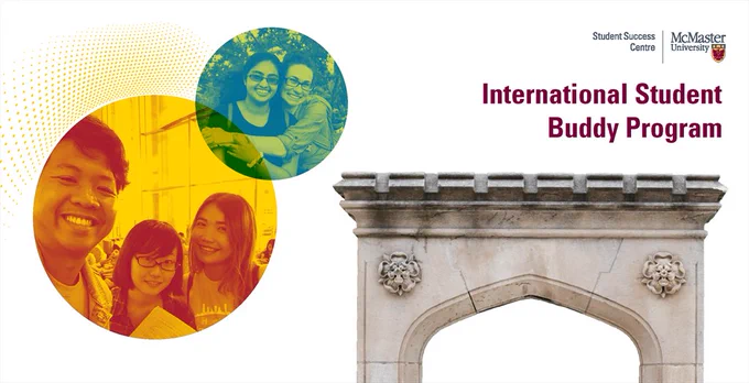 International student buddy program header. The photos are branded in McMaster colours. One photo shows at group of students at the airport welcome program. Another shows a mentor and mentee hugging.