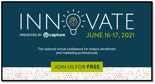 Advertisement of upcoming Innovate webinar on June 16-17 presented by Capture Higher Ed. The graphic shows a lightbulb outline with a multicolored brain inside it. The event is free and presented to "today's enrollment and marketing professionals"