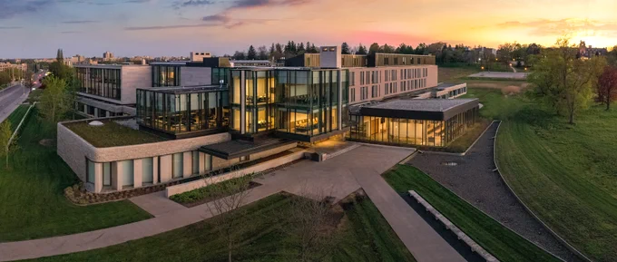 Ivey Building on Western's campus at sunset.