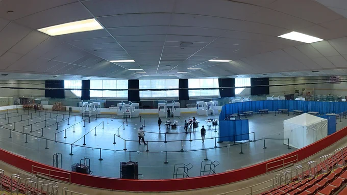 Wide view of the COVID-19 testing and vaccination facility at the MIT's Johnson Athletic Center