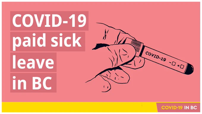 Drawing of a hand holding a COVID-19 test vial. Text reads: Covid-19 paid sick leave in BC