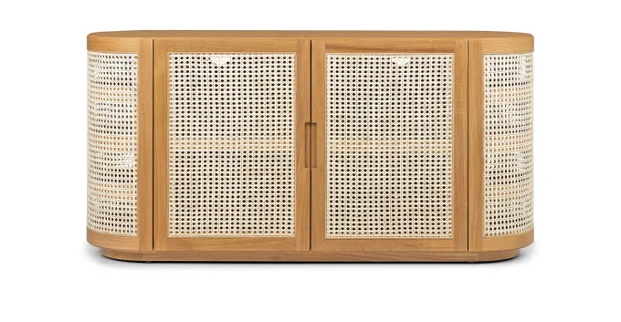 Article Candra oak sideboard, a sideboard made out of oak wood with doors made of rattan cane in a fisheye pattern.