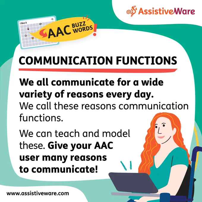 Communication Functions We all communicate for a variety of reasons every day.We call these reasons communication functions. We can teach and model these. Give your AAC user many reasons to communicate!  www dot assistiveware dot com