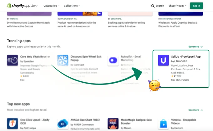 SellUp app trending on the Shopify App Store.