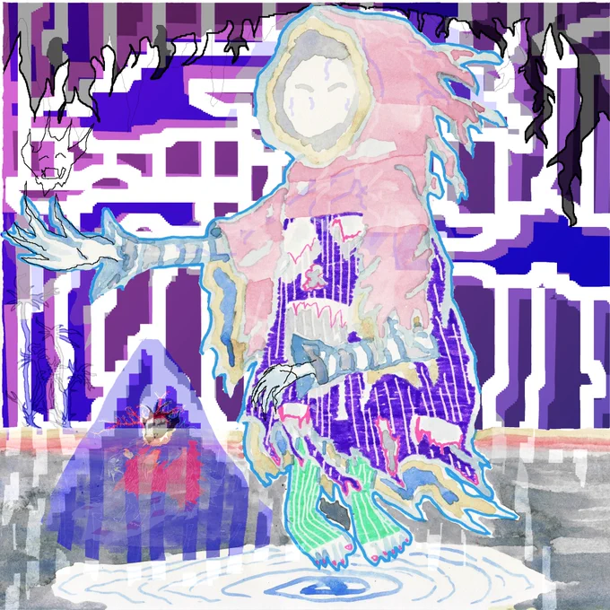 Digital rendering of a hand-drawn figure wearing pink and purple. On their left is a translucent purple pyramid. The background is white and purple graphics in a maze-like pattern.