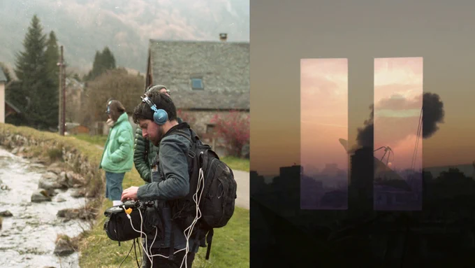 A man using sound recording by a running stream.
