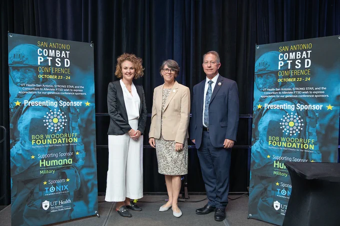 Dr. Katy Dondanville of STRONG STAR, Dr. Margaret Harrell of BWF, and Dr. Alan Peterson of STRONG STAR at the 2019 Combat PTSD Conference
