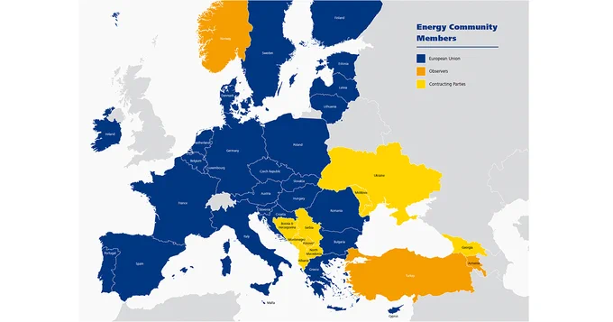In blue EU Member States, in yellow Energy Community Contracting Parties and in orange Observers.