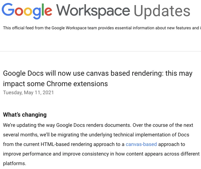 Headline of a Google blog post, saying "Google Docs will now use canvas based rendering: this may impact some Chrome extensions"